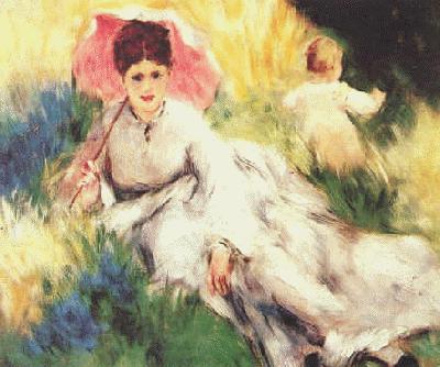 Pierre Renoir Woman with a Parasol and a Small Child on a Sunlit Hillside Norge oil painting art